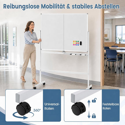 Mobile Double-Sided Magnetic Whiteboard with Wheels, 120x90 cm