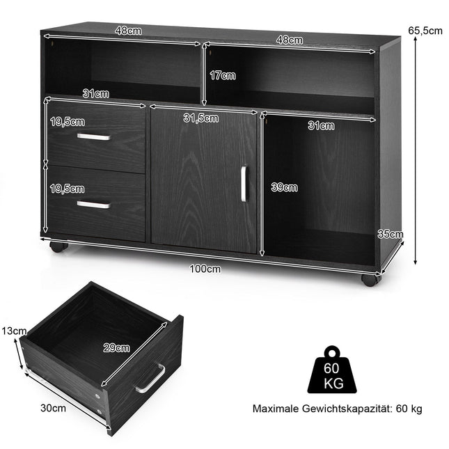 Rollcontainer mit 2 Schubladen & 3 Ablagefächern, Schwarz MDF