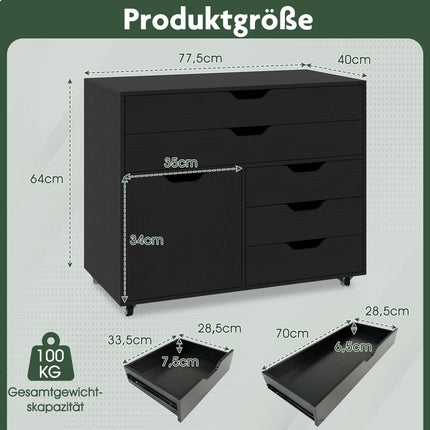 Pojízdná kartotéka s 5 zásuvkami a skříňkou, černá