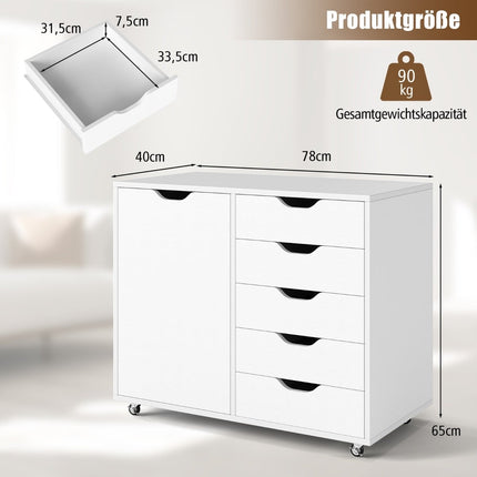 Pojízdná kartotéka s 5 zásuvkami a dvířky, bílá