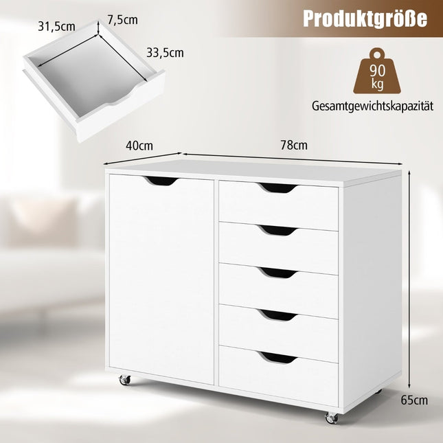 Pojízdná kartotéka s 5 zásuvkami a dvířky, bílá