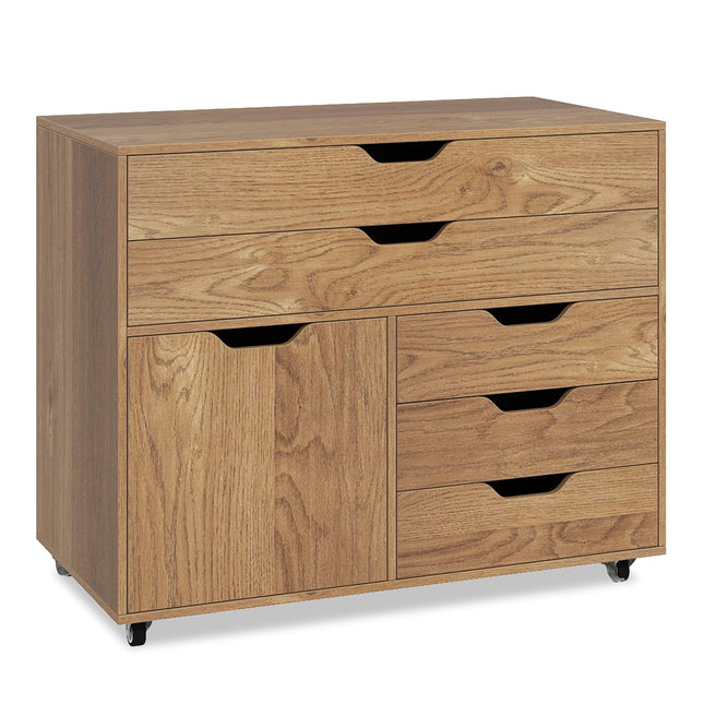 Verrijdbare archiefkast met 5 laden en opbergvak, naturel hout