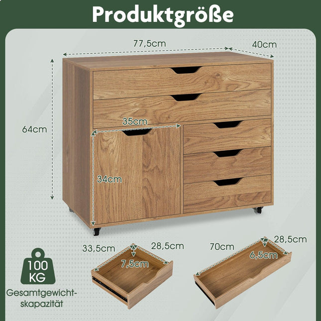 Verrijdbare archiefkast met 5 laden en opbergvak, naturel hout