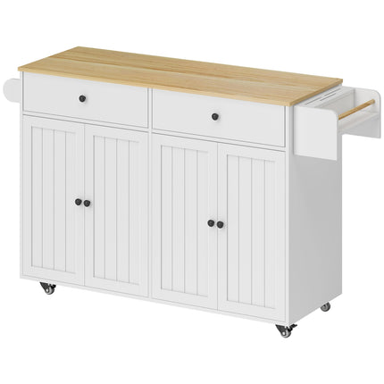 Pojízdný kuchyňský ostrůvek, 2 zásuvky, stojan na koření, MDF, bílý