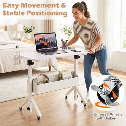 Mobile Standing Desk, Height Adjustable with Storage Basket