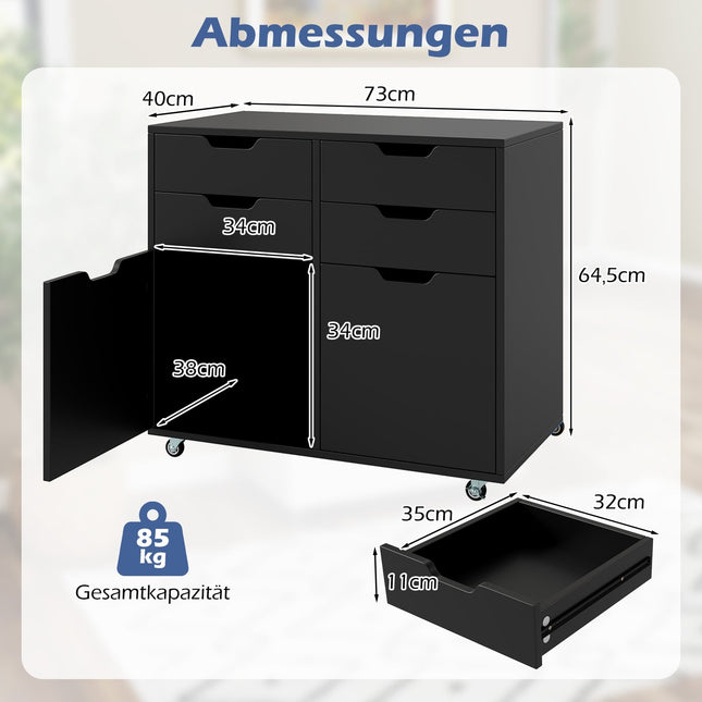 Mobile Storage Cabinet with 4 Drawers, 2 Doors, Black