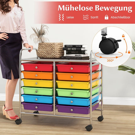 Mobile Storage Cart with 12 Stackable Drawers, Multi-Color