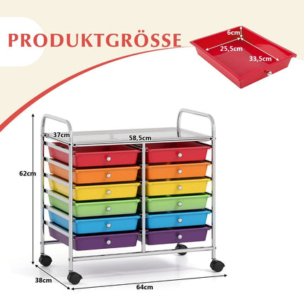 Mobile Storage Cart with 12 Stackable Drawers, Multi-Color