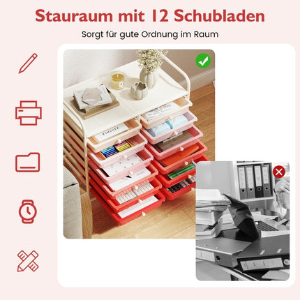 Mobilní úložný vozík s 12 stohovatelnými zásuvkami, růžová