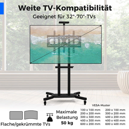 Mobilní TV stojan pro televize 32-70 palců do 50 kg, nastavitelný TV vozík s policí na kameru