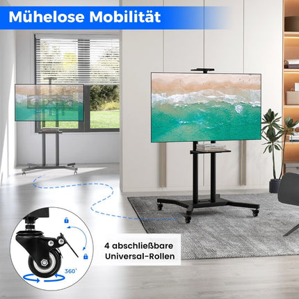 Mobilní TV stojan pro televize 32-70 palců do 50 kg, nastavitelný TV vozík s policí na kameru
