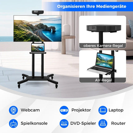 Mobilní TV stojan pro televize 32-70 palců do 50 kg, nastavitelný TV vozík s policí na kameru