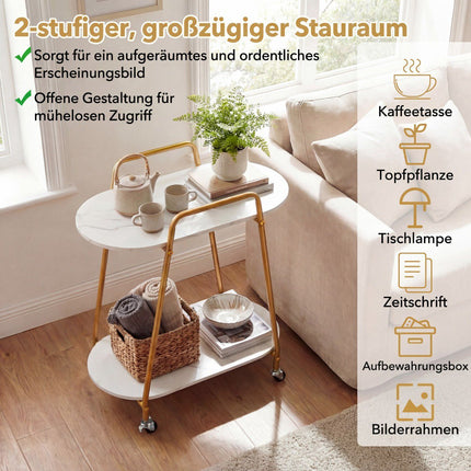 Rollbarer Beistelltisch mit zwei Ebenen und Marmor-Optik