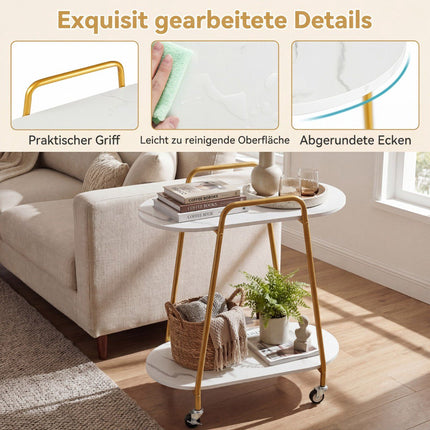 Rollbarer Beistelltisch mit zwei Ebenen und Marmor-Optik