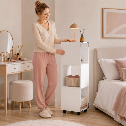 Mobile White File Cabinet with 3 Shelves and Printer Stand