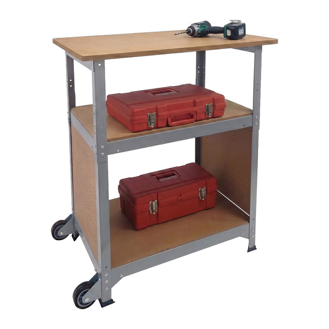 Verrijdbare werkbank met wielen, gereedschapsbord en in hoogte verstelbare constructie.