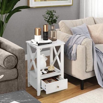 Moderní dvoupatrový noční stolek v designu X se zásuvkou 40 x 30 x 61.5 cm bílá