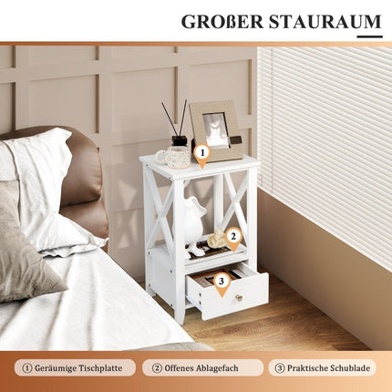 Moderní dvoupatrový noční stolek v designu X se zásuvkou 40 x 30 x 61.5 cm bílá