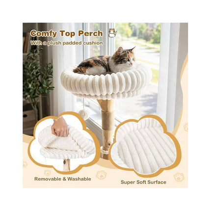 Modern 41 Inch Cat Tower with Real Wood Branches, Scratching Posts, Beige