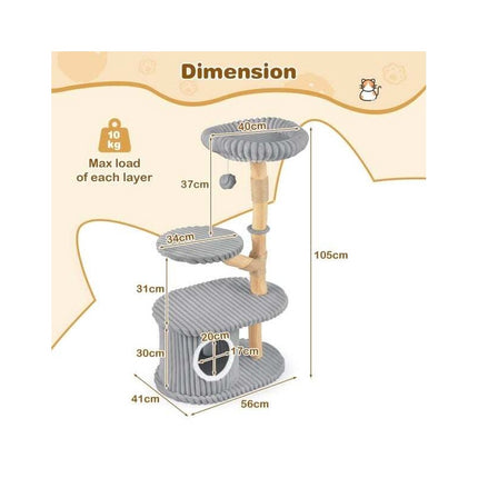 Modern 41 Inch Cat Tower with Real Wood Branches, Scratching Posts, Grey