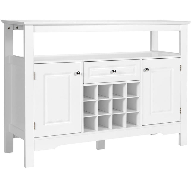Modern eetkamerbuffet met kruisvormig wijnrek, open plank, 2 kasten en lade, wit
