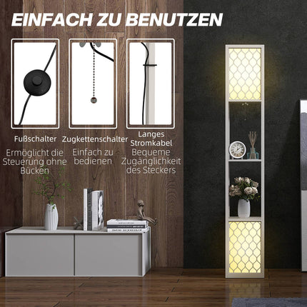 Moderní stojací lampa s policemi, řetízkový vypínač, černá/bílá