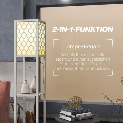 Moderní stojací lampa s policemi, řetízkový vypínač, černá/bílá