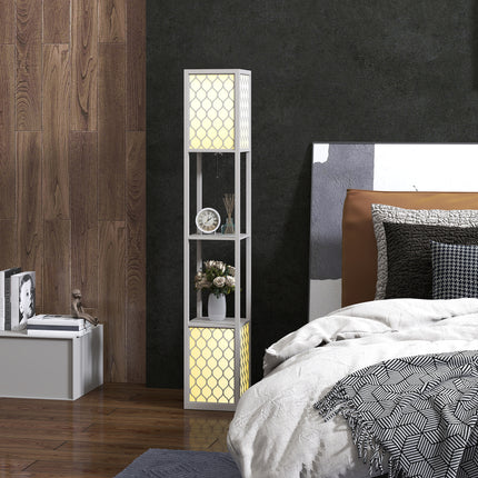 Moderní stojací lampa s policemi, řetízkový vypínač, černá/bílá