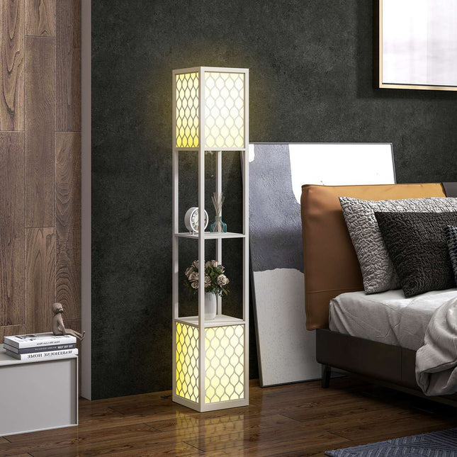 Moderní stojací lampa s policemi, řetízkový vypínač, černá/bílá