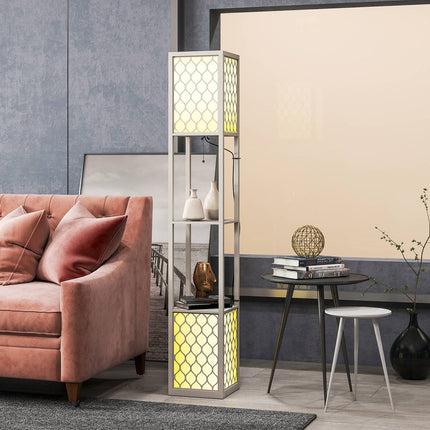 Moderní stojací lampa s policemi, řetízkový vypínač, černá/bílá