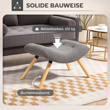 Modern Footstool with Fleece Cover, Wood Legs, Dark Grey