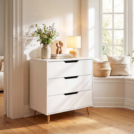 Modern White 3-Drawer Dresser with Metal Legs