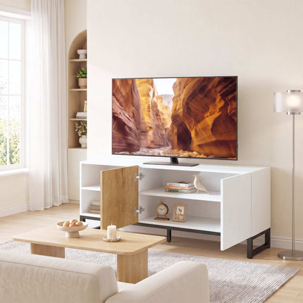 Modern White TV Stand for 55-Inch TVs, Adjustable Shelves