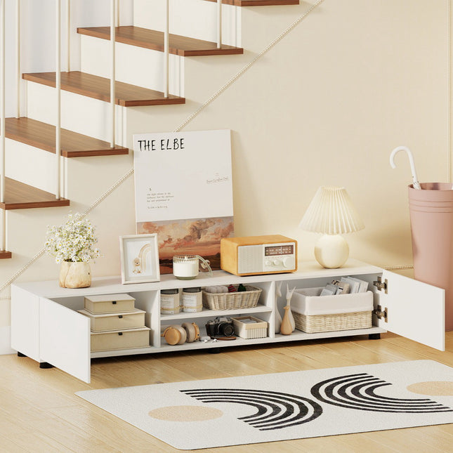 Moderne witte tv-standaard voor 70-inch schermen, 2 deuren, planken