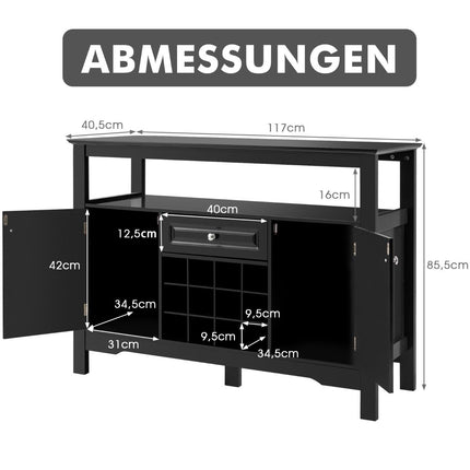 Moderní jídelní příborník se stojanem na víno, skříňkami a zásuvkou 117 x 40.5 x 82.5 cm černá