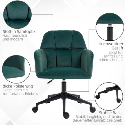 Green Velvet Look Swivel Office Chair, Adjustable With Armrest