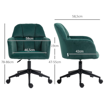 Green Velvet Look Swivel Office Chair, Adjustable With Armrest