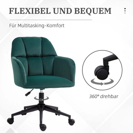 Green Velvet Look Swivel Office Chair, Adjustable With Armrest