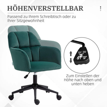 Green Velvet Look Swivel Office Chair, Adjustable With Armrest