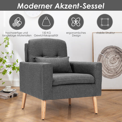 Moderní relaxační křeslo s područkami a zádovými poduškami, čalouněná jednomístná pohovka, šedá 73 x 77 x 85 cm