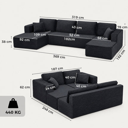 Modular U-Shaped Sofa Bed with Chaise Lounges, Dark Grey Cord