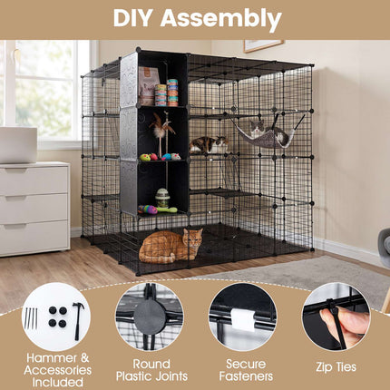 Modular XXL Cat Enclosure with Hammock, Black, 144x144x142 cm
