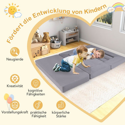 Modulární dětská pohovka, 9dílná hrací pohovka z pěnových stavebních bloků s pohodlnou semišovou látkou, šedá