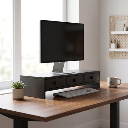 Monitor Stand with 3 Drawers – Black MDF, 10 kg Capacity