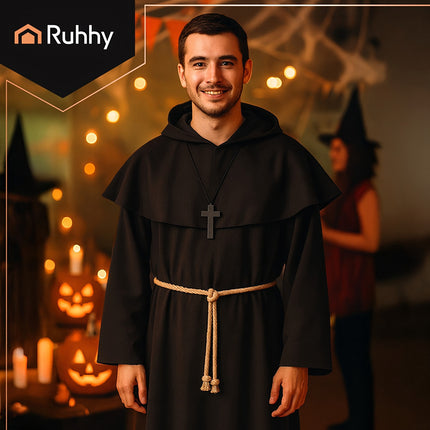 Monk Costume for Adults, Hood, Rope, Cross, Size L