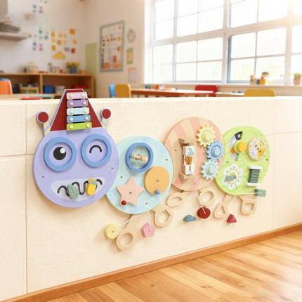 Montessori manipulační deska – nástěnná hračka 7v1, xylofon, ozubená kola, 108 cm