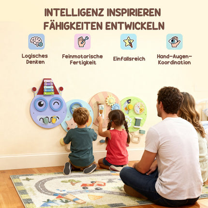 Montessori manipulační deska – nástěnná hračka 7v1, xylofon, ozubená kola, 108 cm