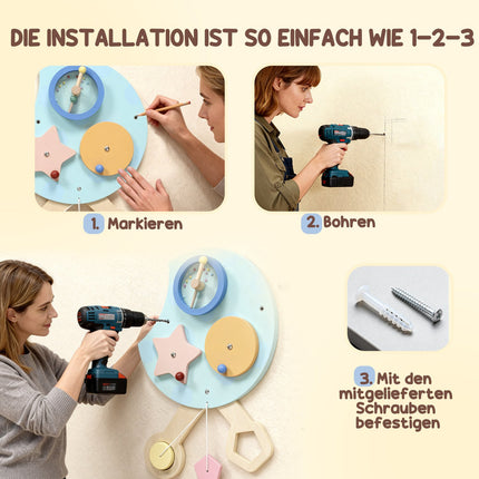 Montessori manipulační deska – nástěnná hračka 7v1, xylofon, ozubená kola, 108 cm
