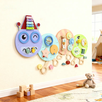 Montessori manipulační deska – nástěnná hračka 7v1, xylofon, ozubená kola, 108 cm