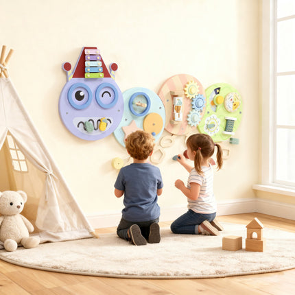 Montessori manipulační deska – nástěnná hračka 7v1, xylofon, ozubená kola, 108 cm